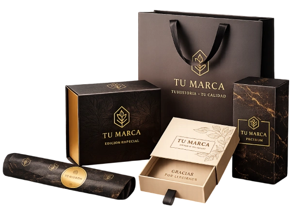 Empaques personalizados premium con branding corporativo y acabados de alta calidad