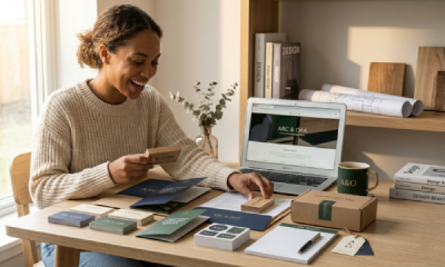 Emprendedor feliz preparando su marca con un kit completo de materiales impresos, listo para lanzar su negocio