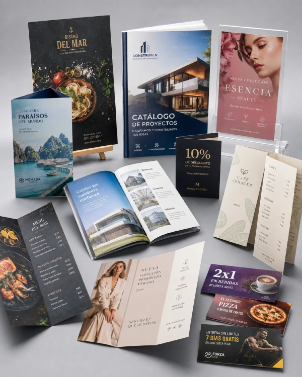 Productos publicitarios como flyers, afiches, tripticos, menús, catalógos, entre otros.