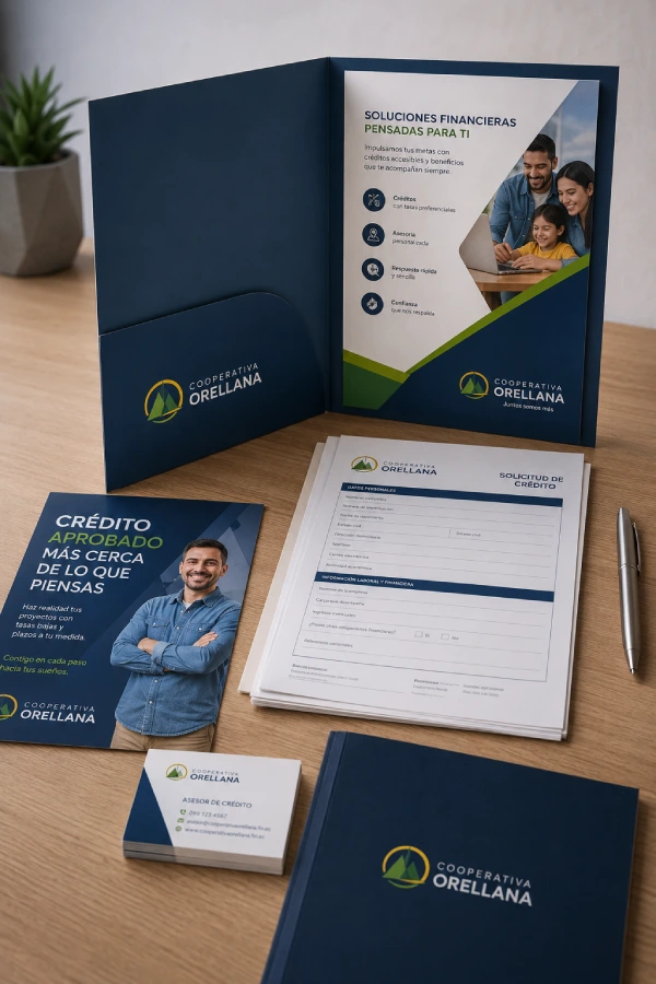 Papelería corporativa, carpetas y formularios impresos para cooperativas e instituciones financieras