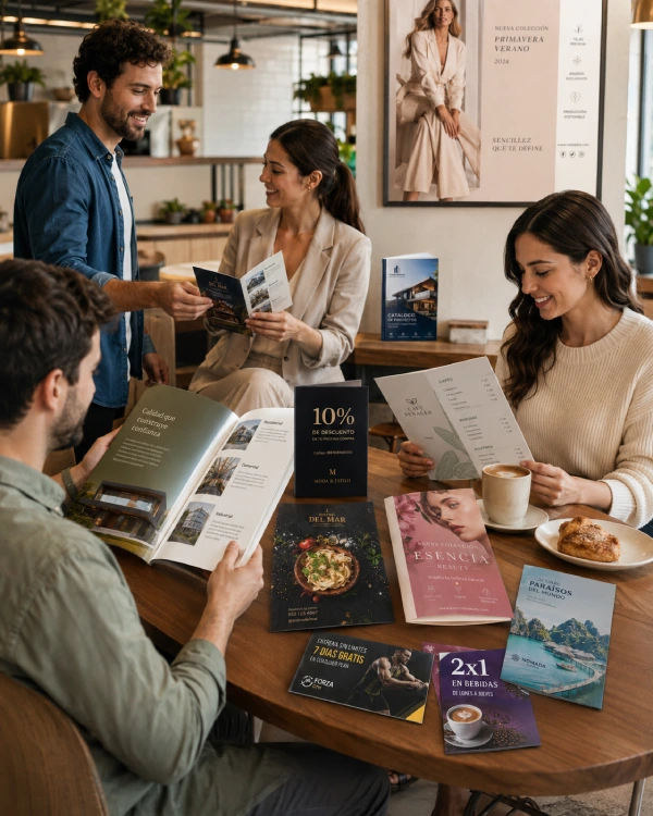Personas usando productos de material publicitario.