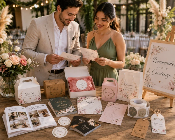 Pareja viendo invitaciones personalizadas en su boda