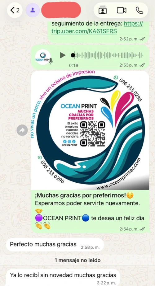 Mensaje de un cliente sobre un proyecto realizado por Quito Imprenta